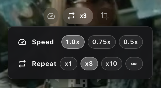 Speed and Repeat panel with 1.0x speed and three plays per video selected