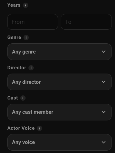 The Years, Genre, Director, Cast, and Actor Voice filters in Clip Search