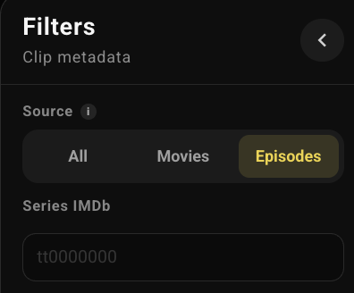 Clip Search Source filter with Episodes selected and the Series IMDb field shown