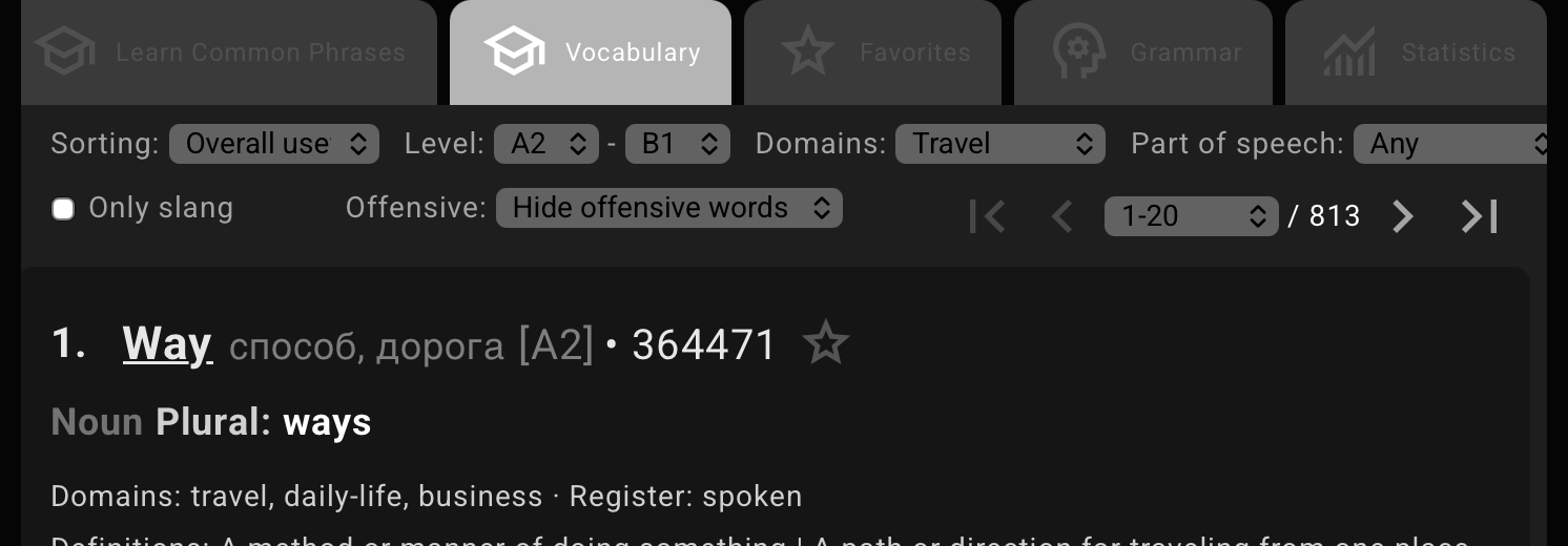 Vocabulary controls for Sorting, Level, and additional filters