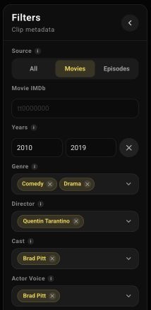 Clip Search filtered by years, two genres, a director, Cast, and Actor Voice