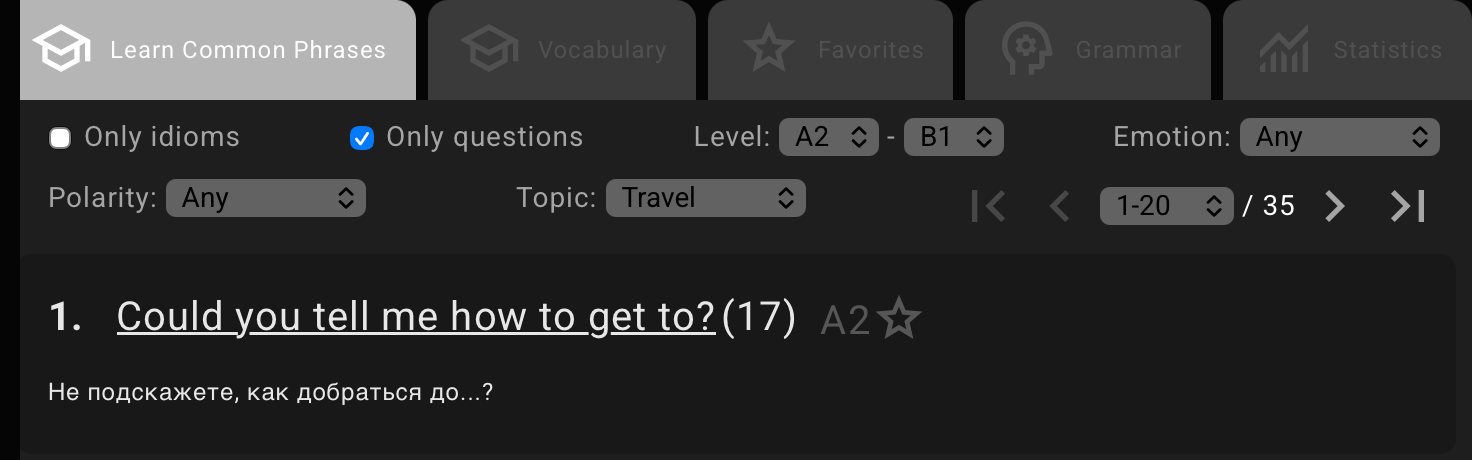 Common Phrases filters in Playphrase.me for questions, level, and topic
