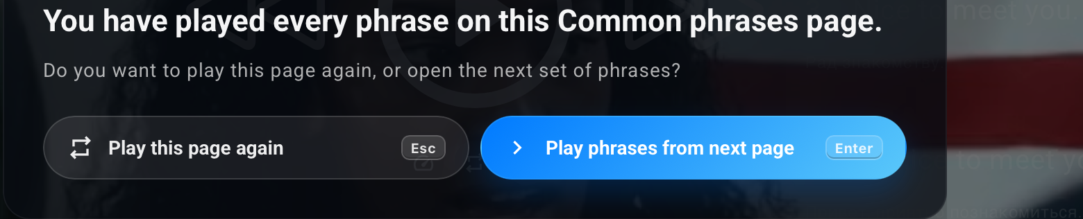 Playphrase.me dialog after completing a Common Phrases page, with replay and next-group choices