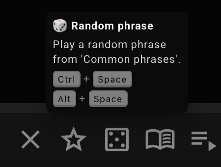 Dice button and Ctrl+Space shortcut for a random phrase in Playphrase.me Common Phrases