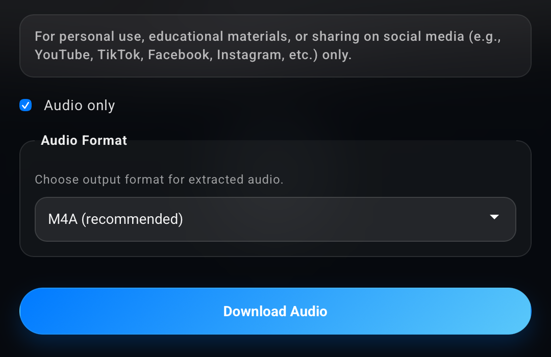 Audio only mode with the Audio Format setting in the Playphrase.me Download dialog