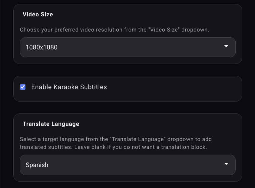 Video size and Karaoke Subtitles settings in the Playphrase.me Download dialog