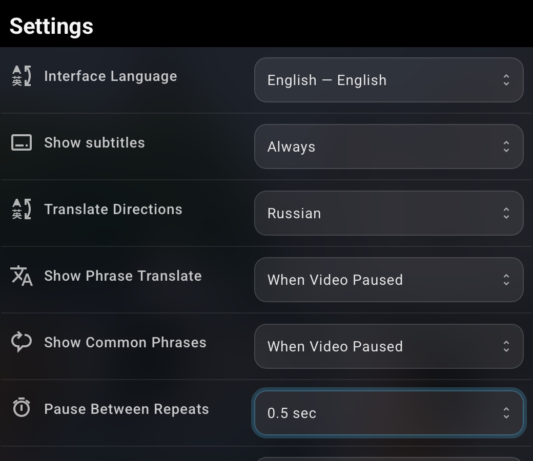 Pause Between Repeats in Playphrase.me set to 0.5 sec