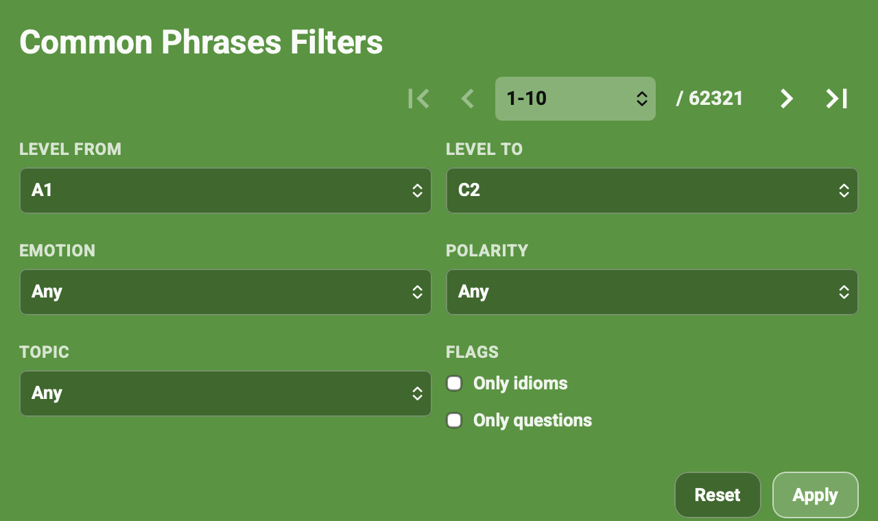 Common Phrases filters in Playphrase.me Reels